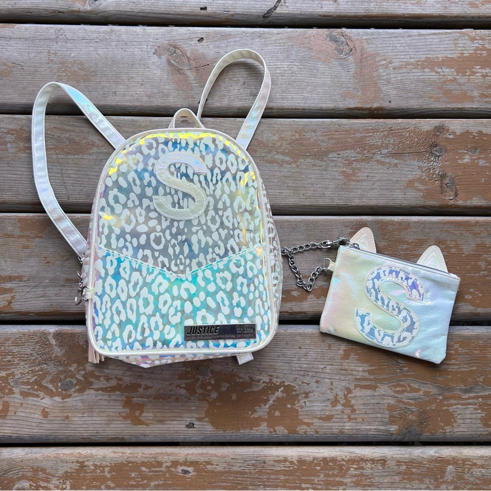 Justice White Cheetah “S” Matching Mini Backpack & Coin Purse Set